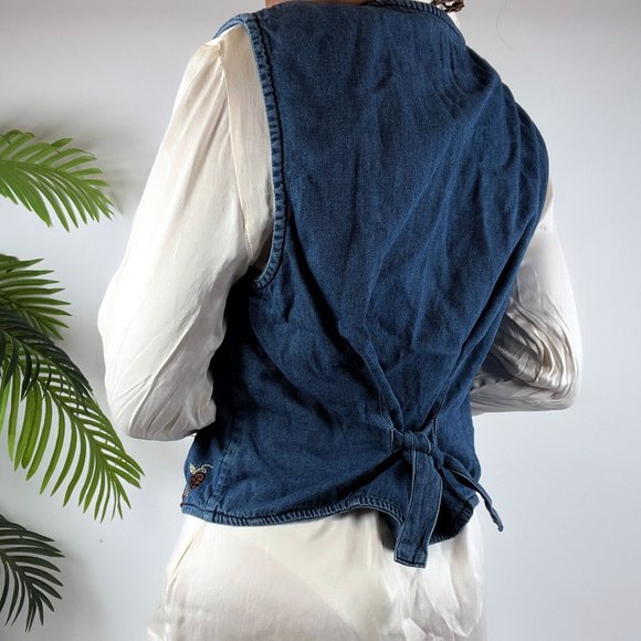 Vintage 90s Embroidered Autumn Cottagecore Artsy Grandma Denim Vest / Size: M - Picture 3 of 5